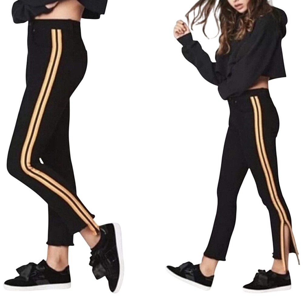 CARMAR Mia Black Skinny Jeans Yellow Racer Stripe Zipper Hem‎ Size 24